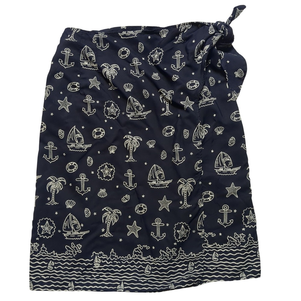 VTG Breeches Nautical‎ Sailboat Print Rayon Wrap Skirt Navy Blue Small MADE USA